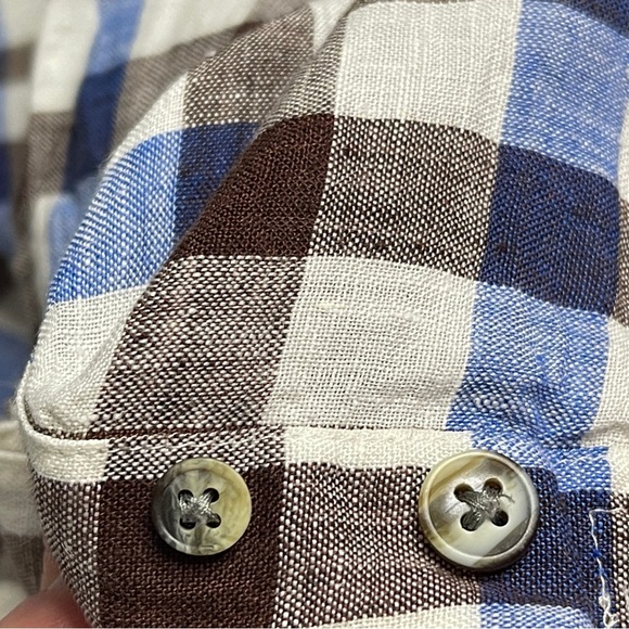 Haupt Linen Blue Brown Checked Button Up Size XL 17 1/2 Long Sleeve Mens Germany - Picture 4 of 9
